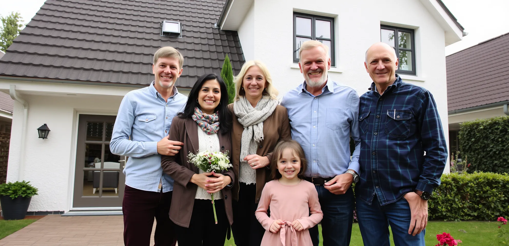 Bild einer Familie vor ihrem neuen Zuhause kann die positiven Aspekte des Immobilienkaufs hervorheben