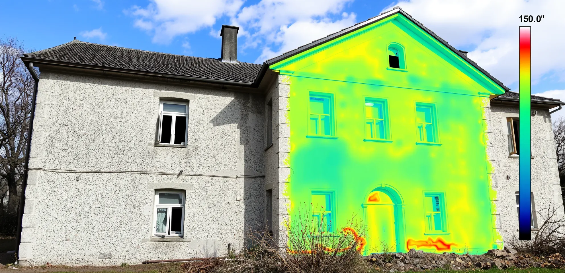 Ein Bild, das die Herausforderungen der Energieeffizienz darstellt, wie ein altes Gebäude oder eine Thermografie, könnte die Argumente visuell untermauern