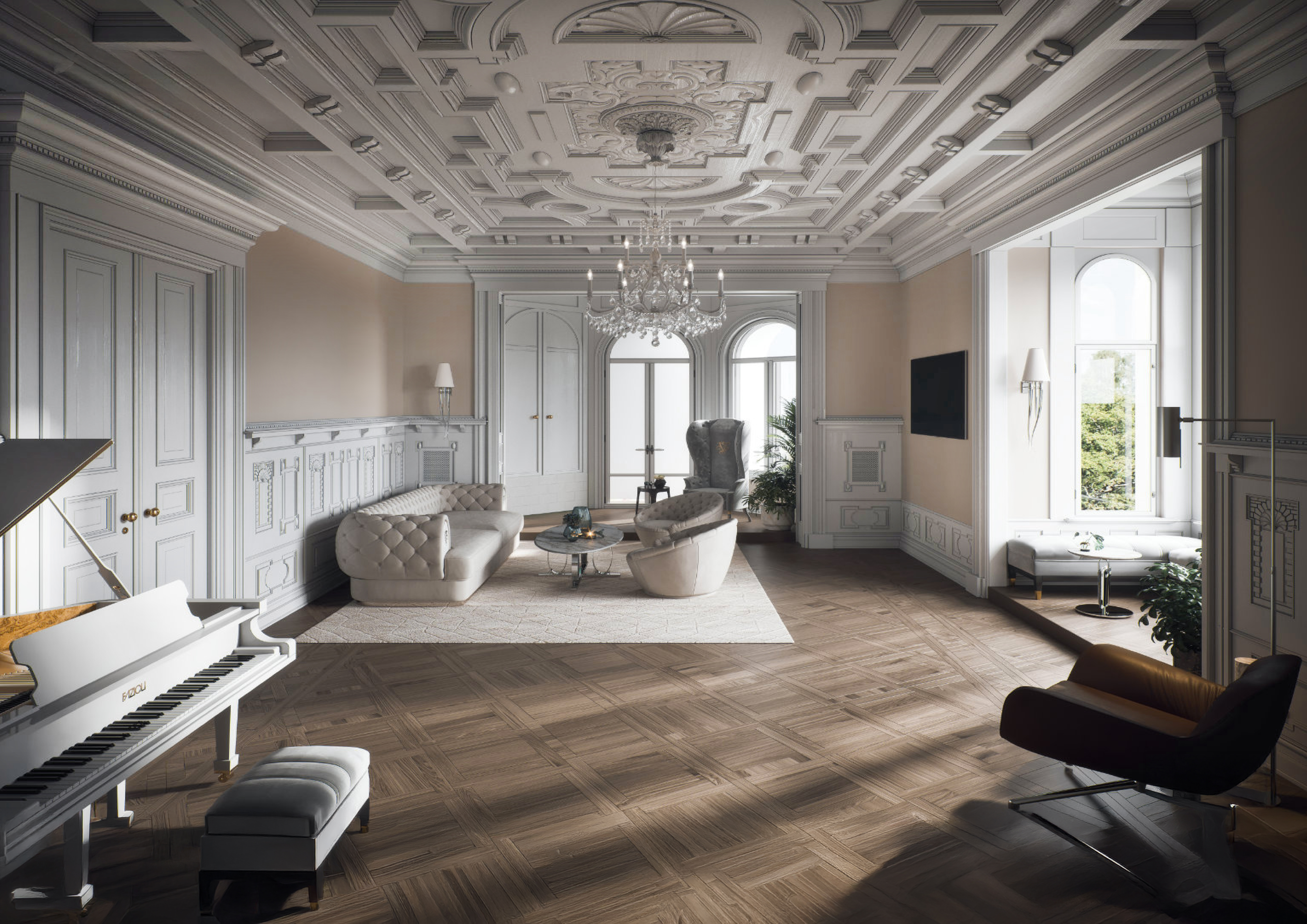 Repräsentatives Wohnzimmer mit Stuckdecke